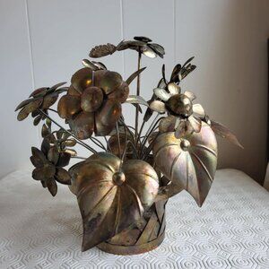 Vintage Metal Art Music Box Floral Bouquet and Butterfly